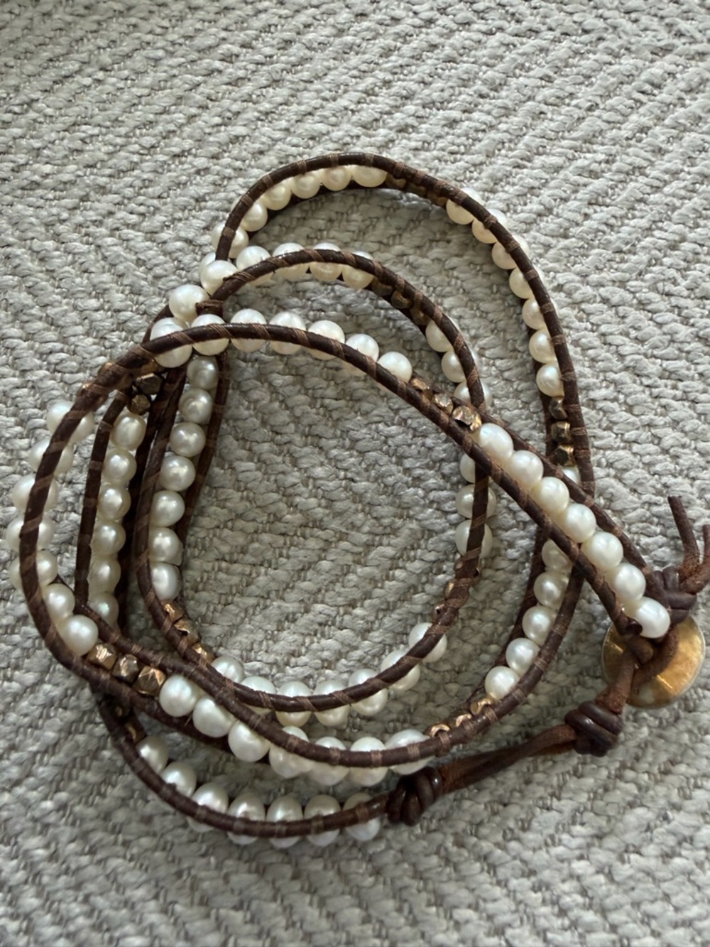 Chan Luu Brown Leather Wrap Bracelet with White Pearls